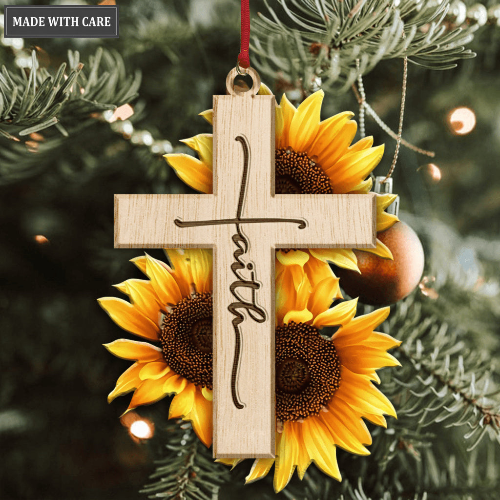 Sunflower Cross Faith Wood Engraved Ornaments