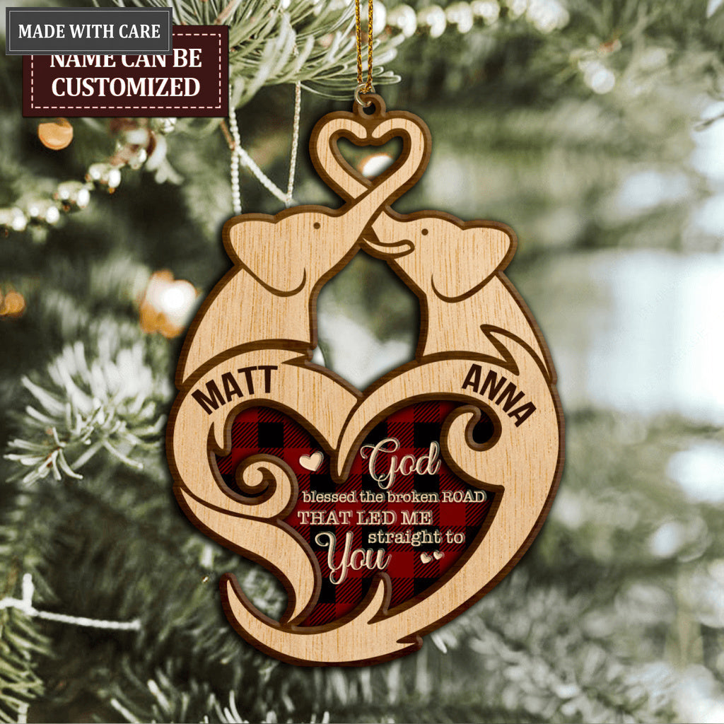 Tartan Elephant Couple God Blessed Personalized Wood Engraved Ornaments
