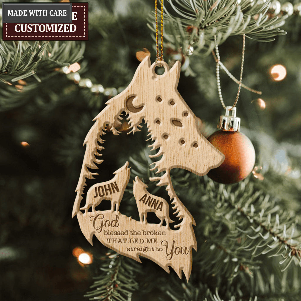 Wolf Couple Night In Forest Personalized Wood Engraved Ornaments