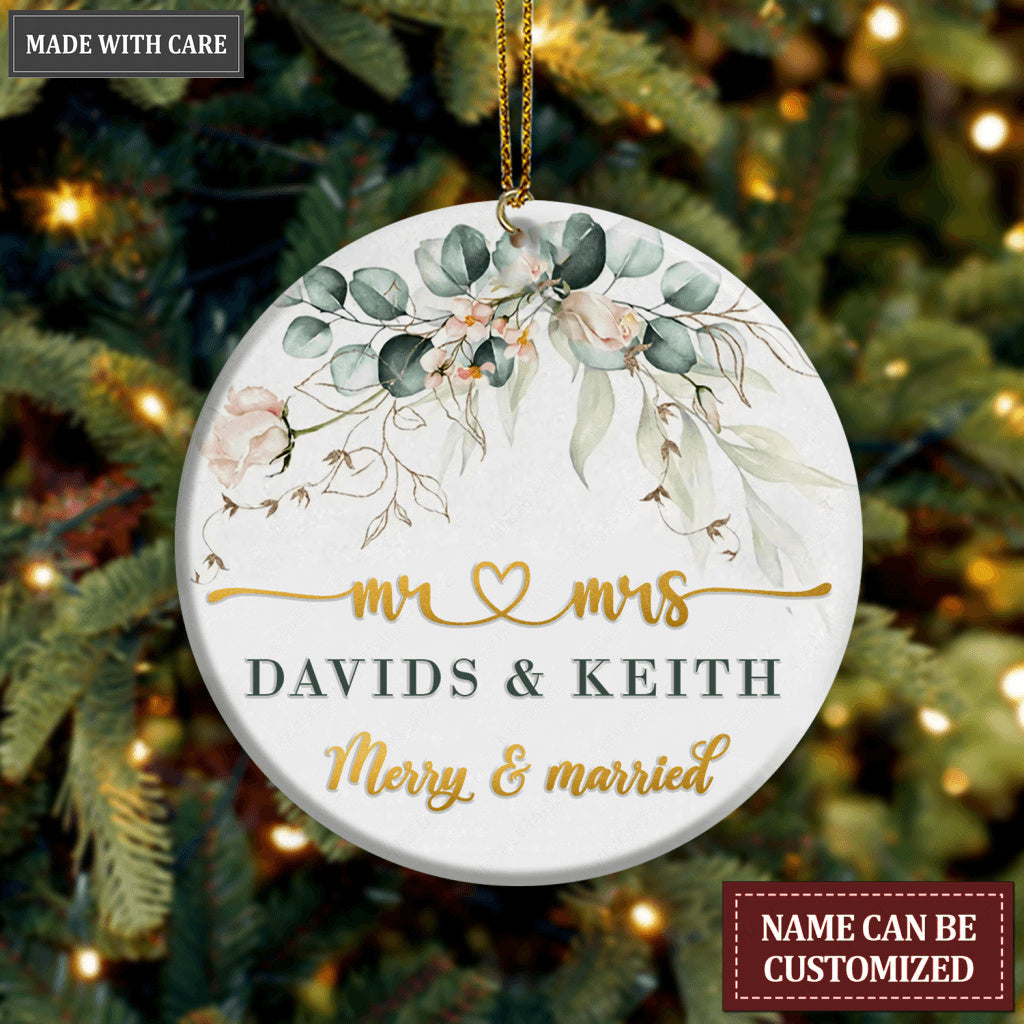 Christmas Vintage Golden Floral Frame Merry And Married Personalized Ornament