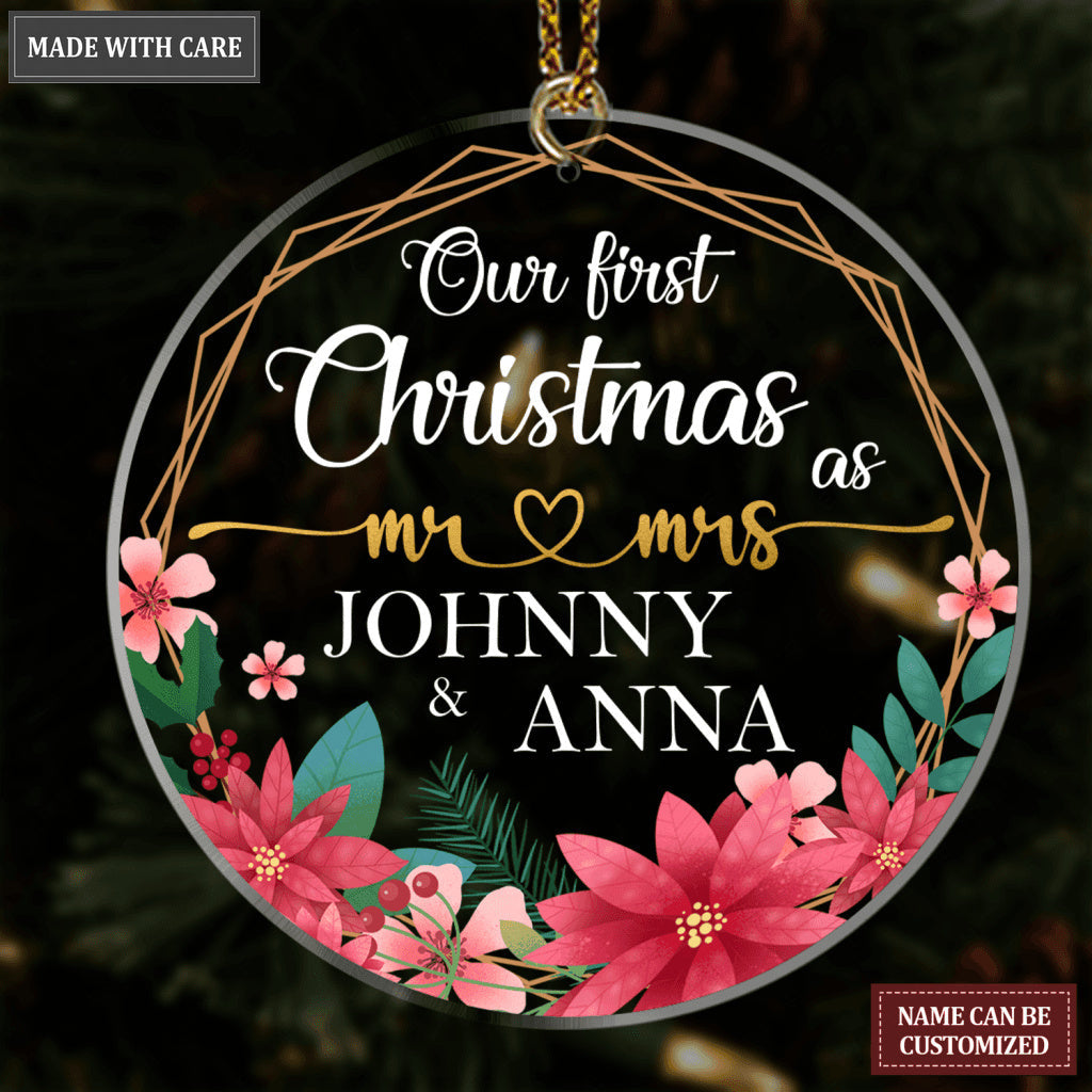 Poinsettia Golden Frame Our First Christmas Couple Personalized Shaped Transparent Ornament