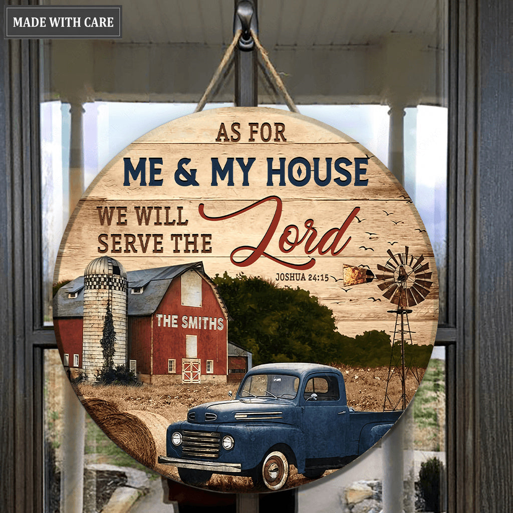 Red Barn Serve The Lord Personalized Wood Circle Sign