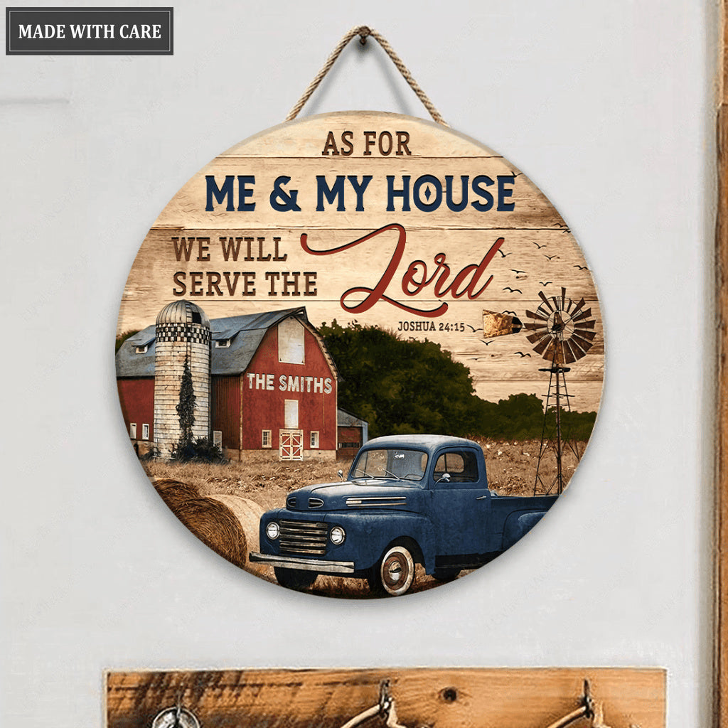 Red Barn Serve The Lord Personalized Wood Circle Sign