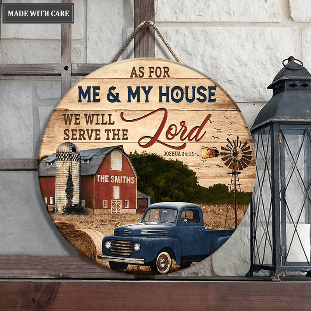 Red Barn Serve The Lord Personalized Wood Circle Sign