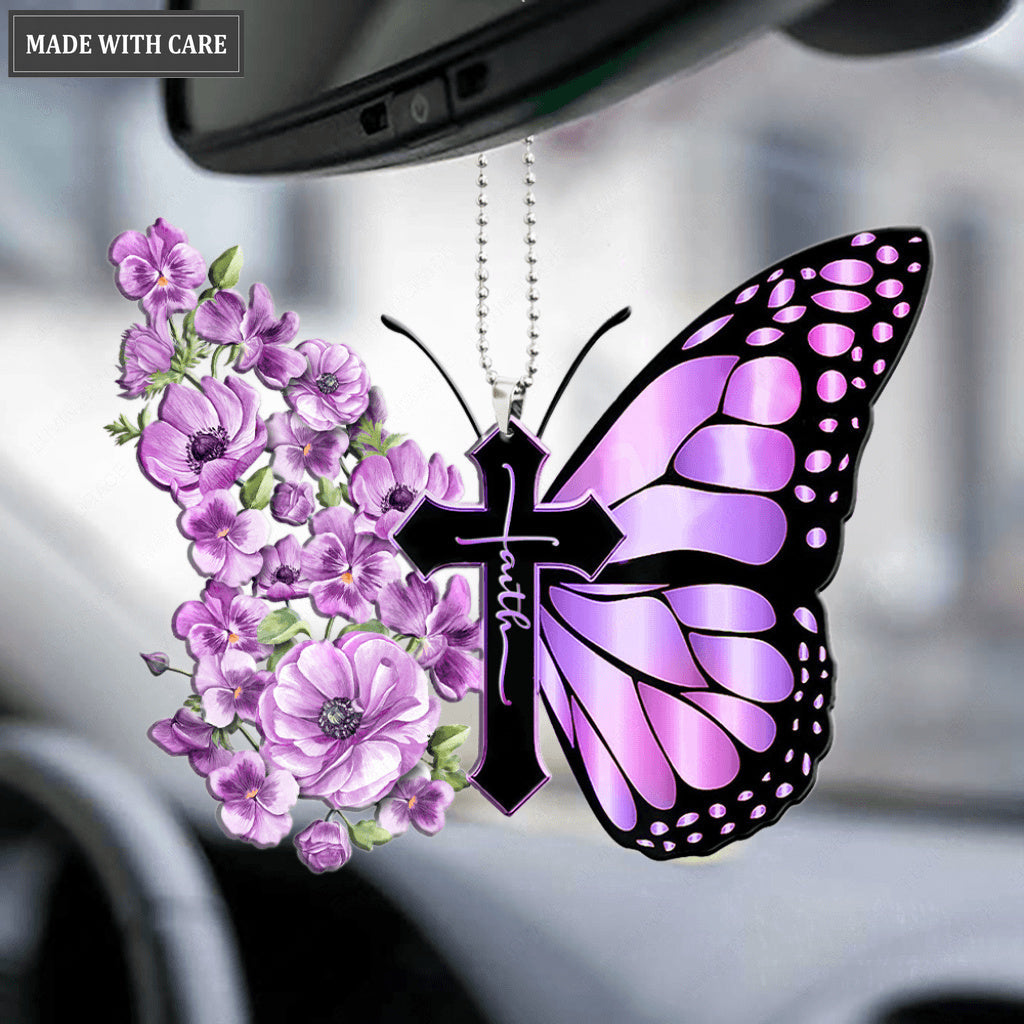 Pansies Butterfly Faith Cross Ornament