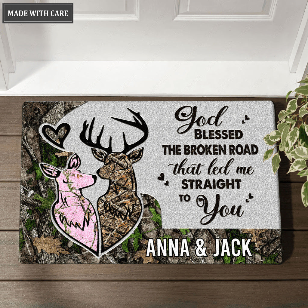 God Blessed The Broken Road Deer Couple Personalized Doormat