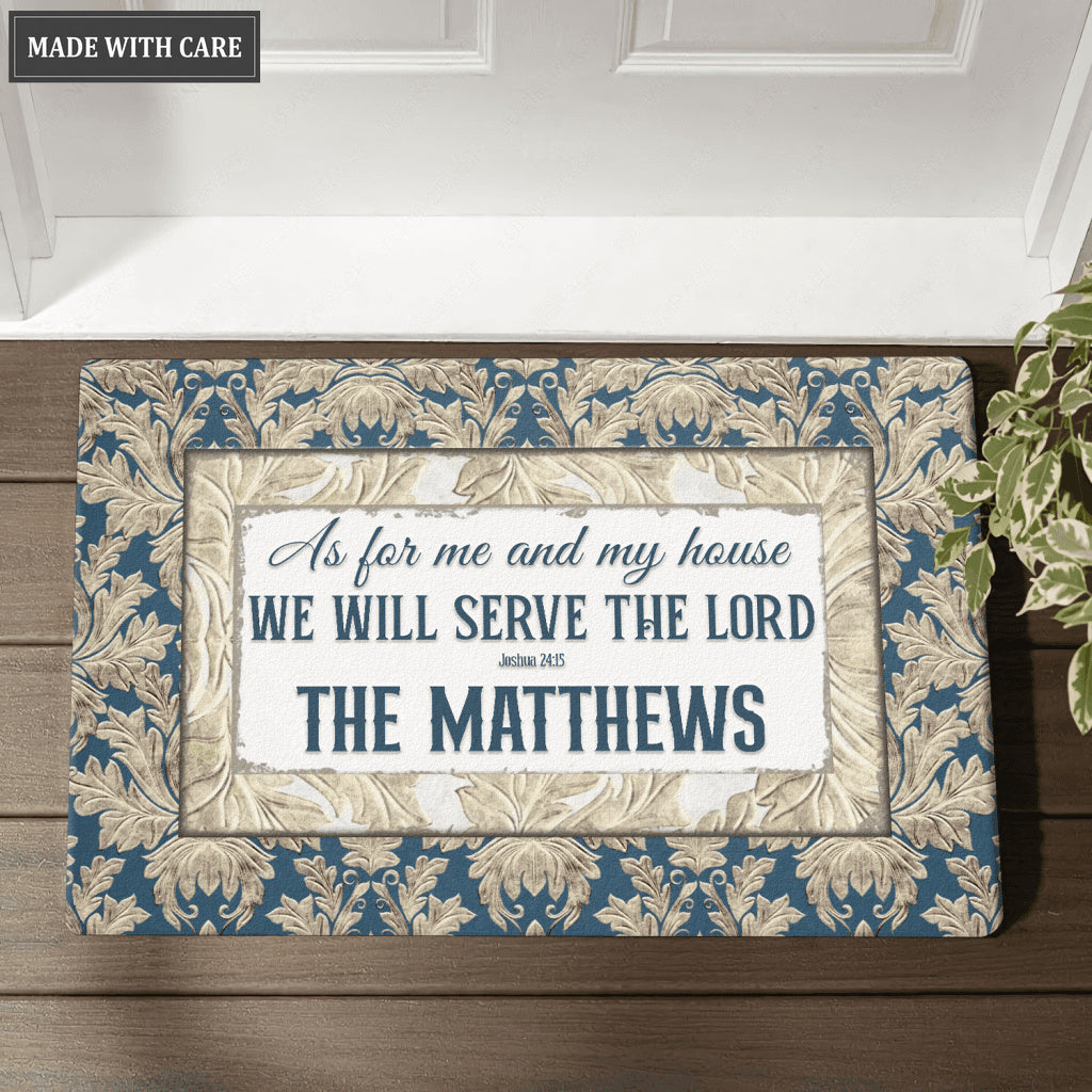 Vintage Blue Elegant Serve The Lord Personalized Doormat