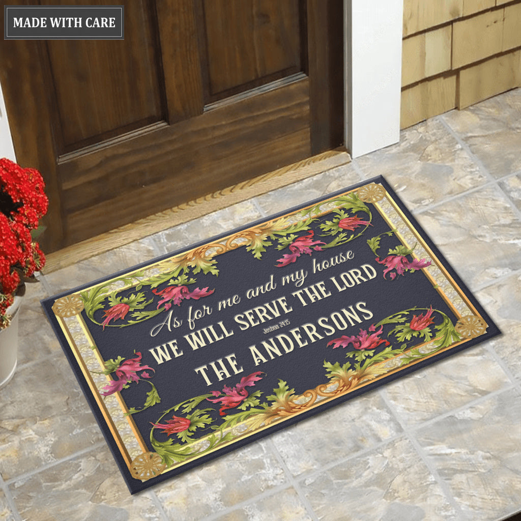 Vintage Floral Frame Serve The Lord Personalized Doormat
