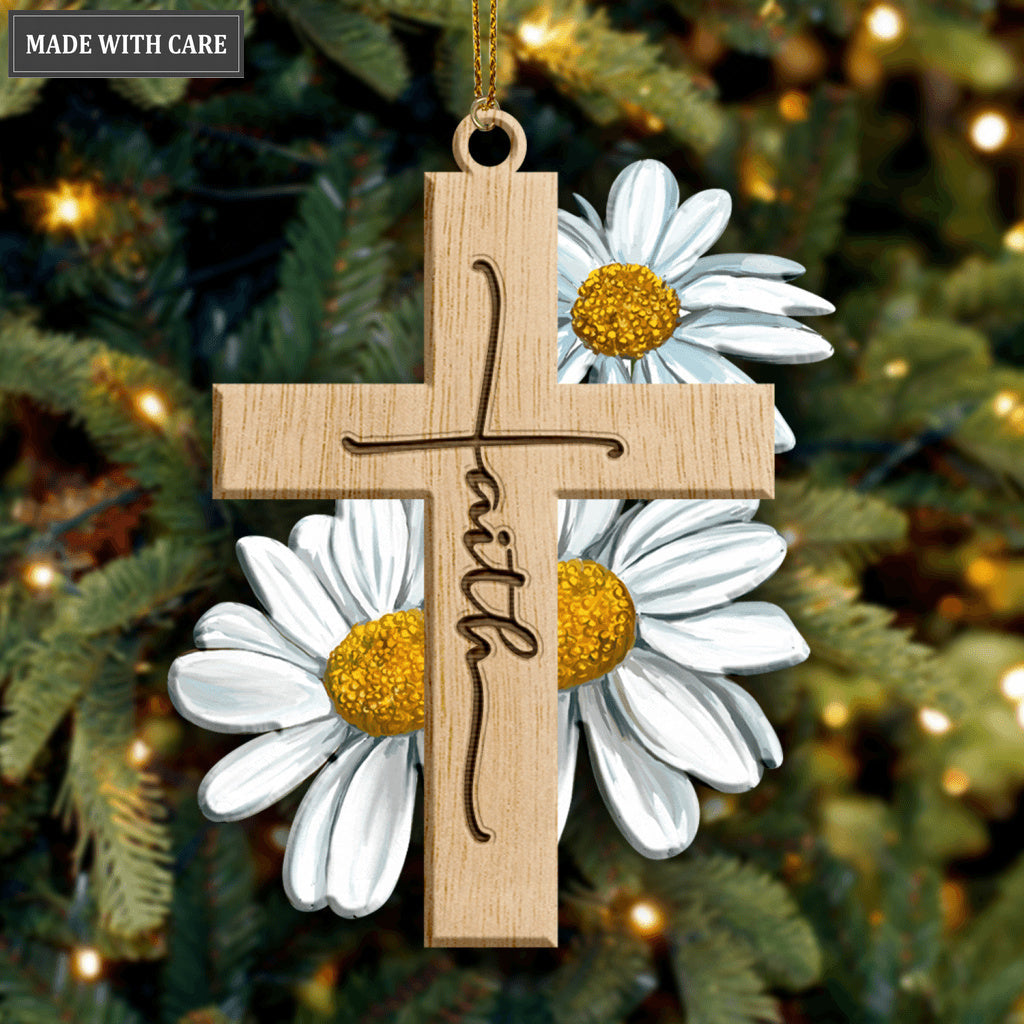 Faith Daisy Flowers Cross God Jesus Christian Lover Wood Engraved Ornaments