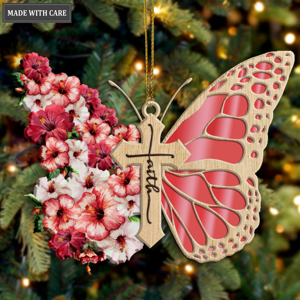 Faith Pink Hibiscus Butterfly God Jesus Cross Christian Lover Wood Engraved Ornaments