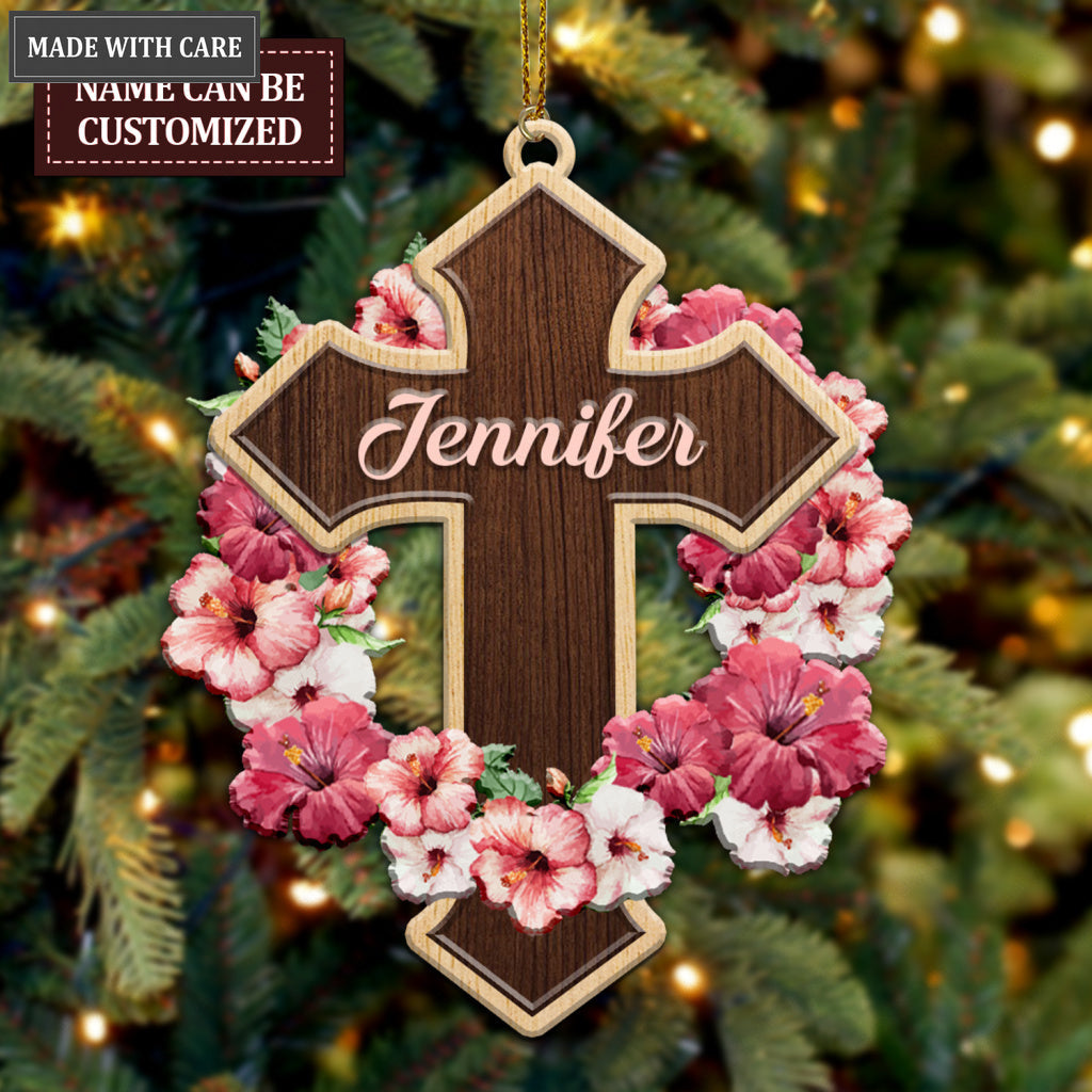 Pink Hibiscus Cross Personalized Wood Engraved Ornaments