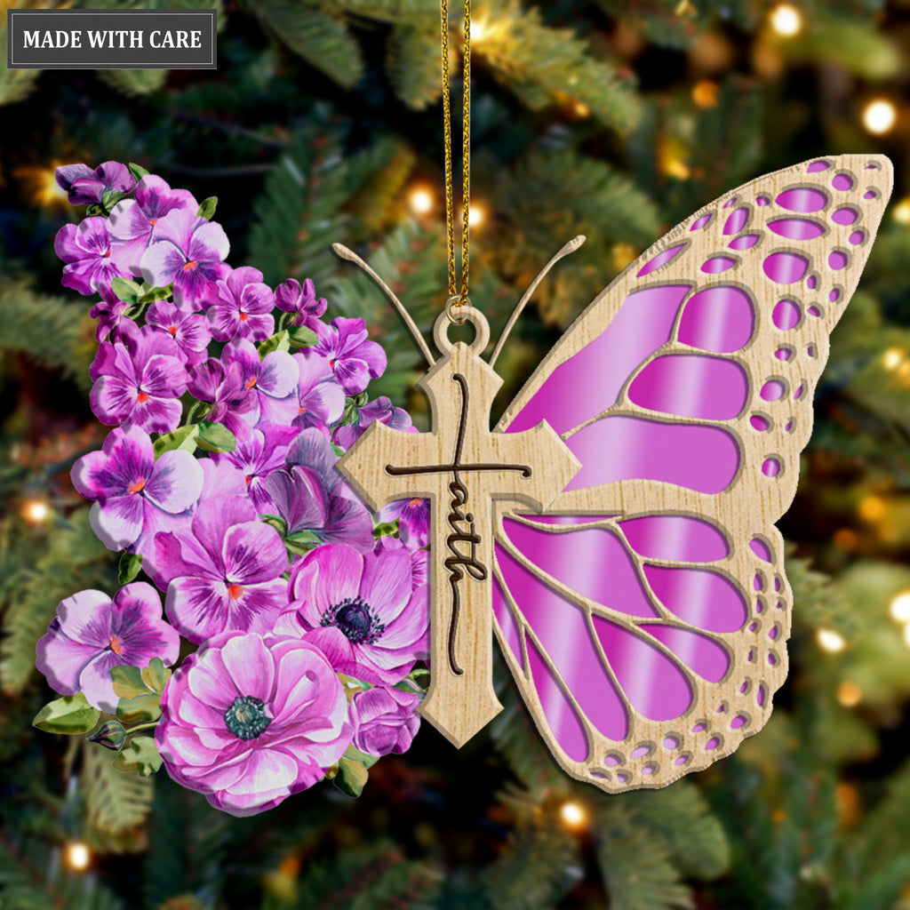 Purple Pansies Butterfly Wood Engraved Ornaments