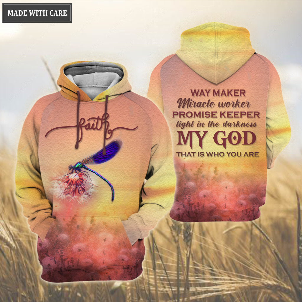 Sunset Dandelion Dragonfly Jesus Cross Way Maker Miracle Worker Hoodie