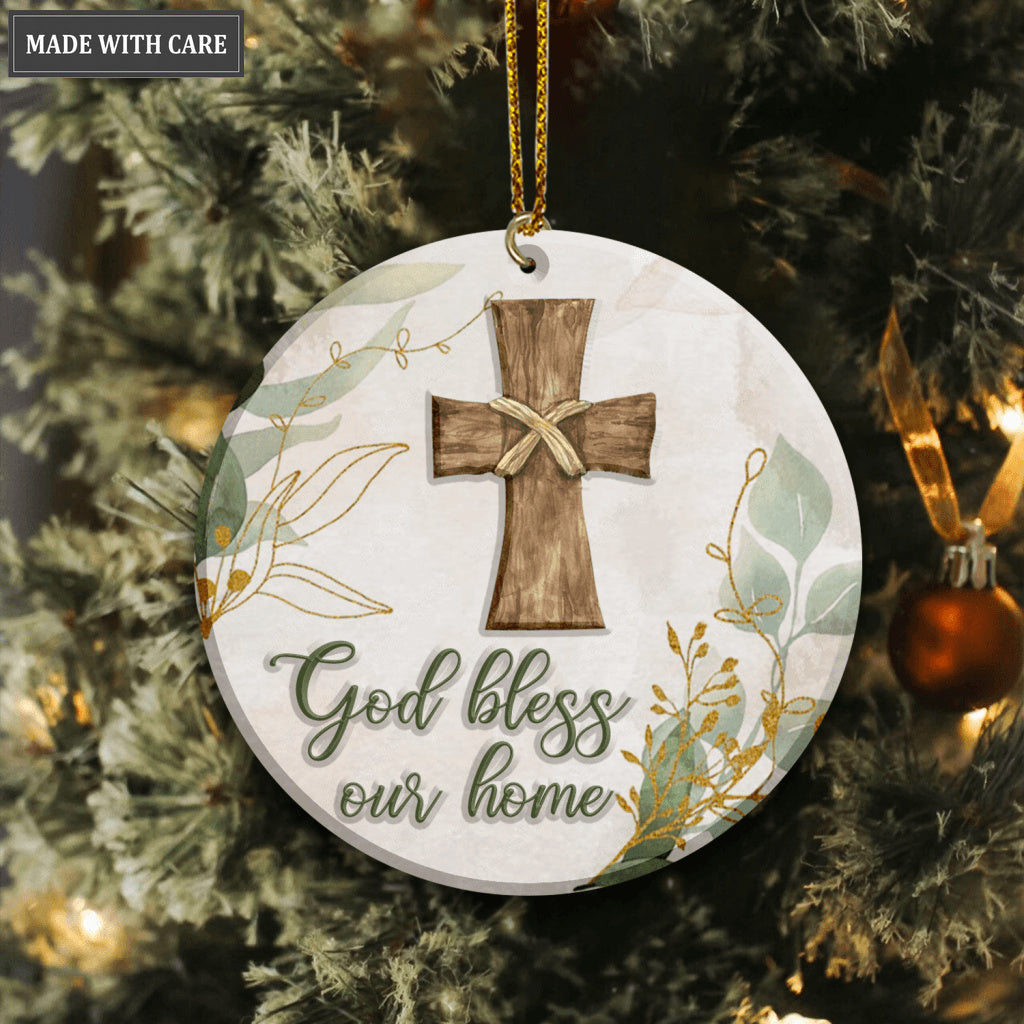 Vintage Christmas Floral Cross God Bless Our Home Ornament