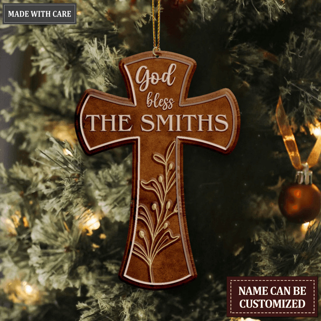 Vintage Cross God Blessed Family Name Personalized Ornament