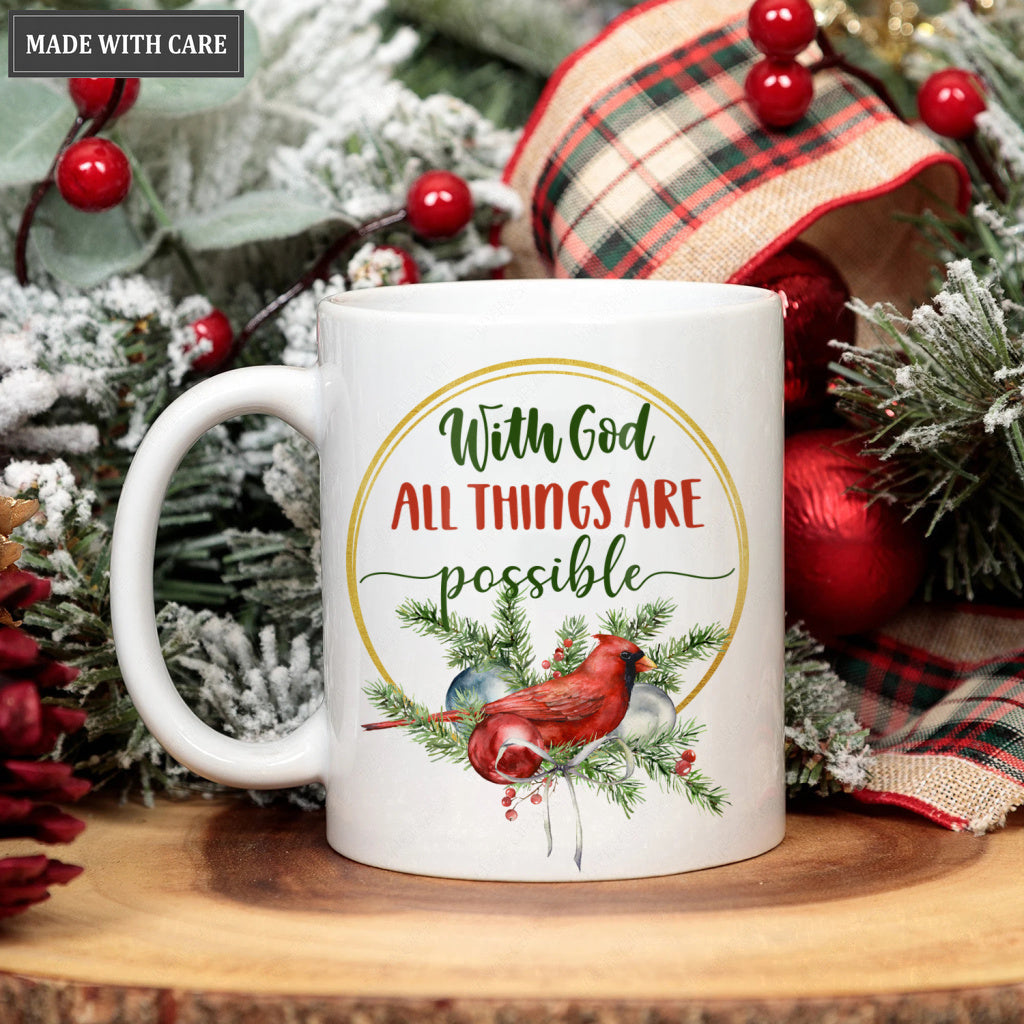 Pine Floral Cardinal With God All Things Are Possible Mug