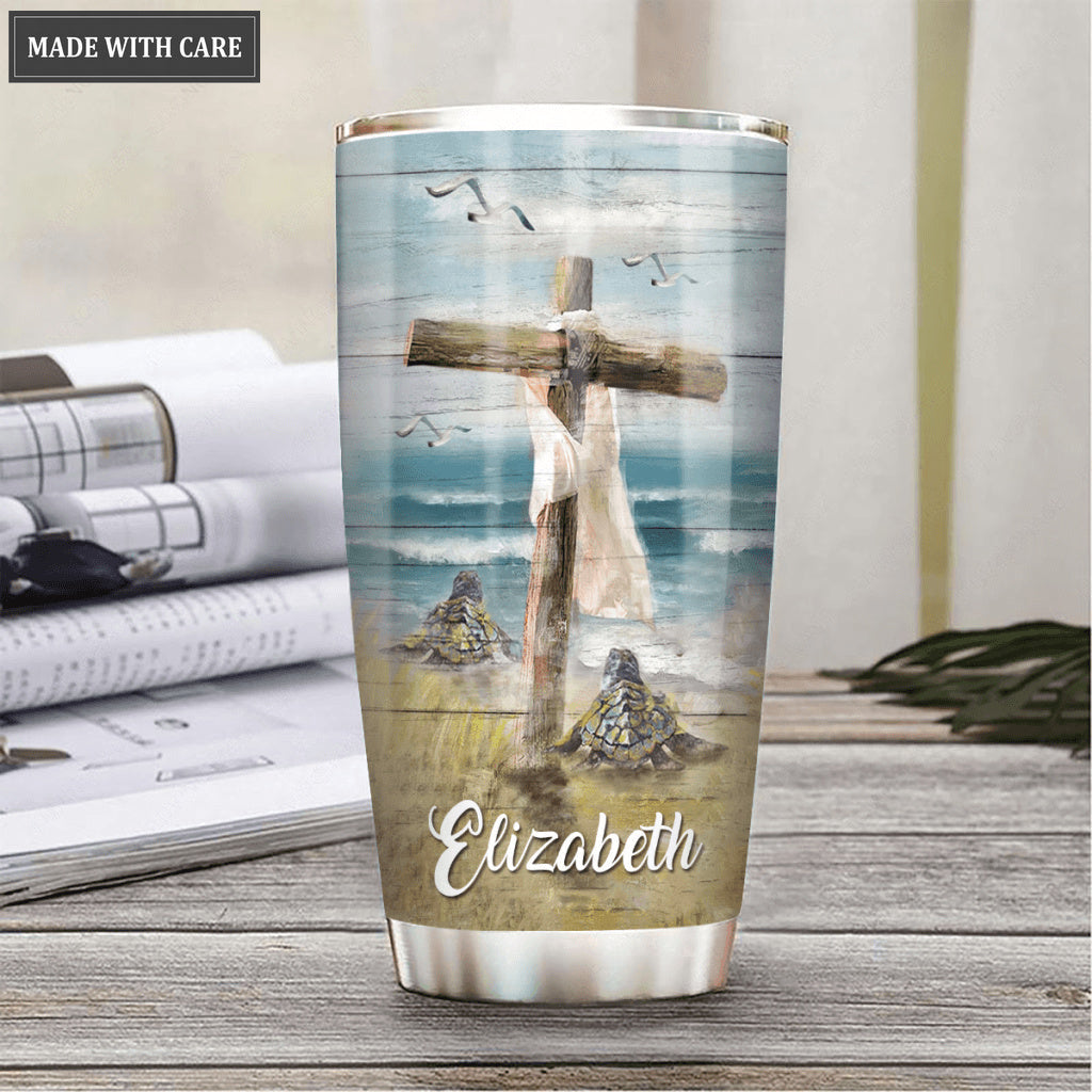 Sea Turtles To The Ocean Wooden Cross Surrounded By The Glory Personalized Tumbler