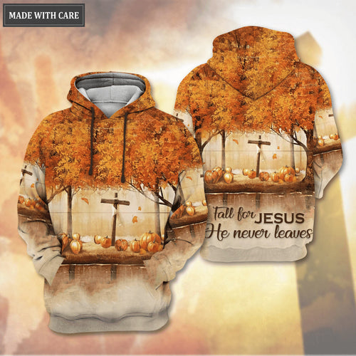 Autumn Maple Cross Fall For Jesus He Never Leaves Hoodie