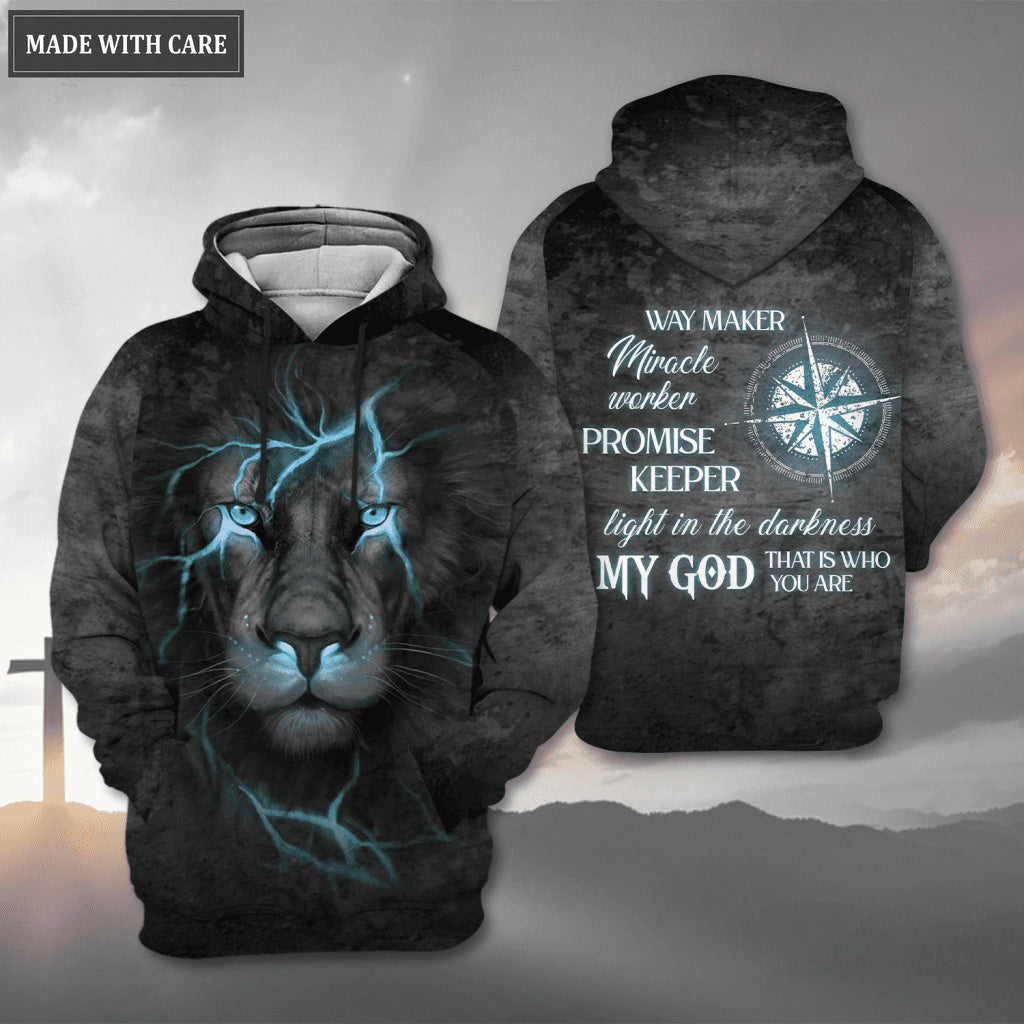 Blue Light Lion Compass Way Maker Miracle Worker My God Hoodie