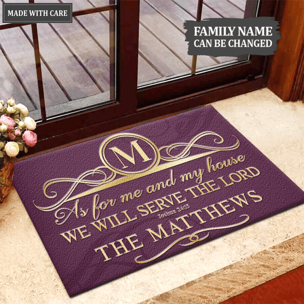 Faux Gold Ornate Monogram Serve The Lord Personalized Doormat