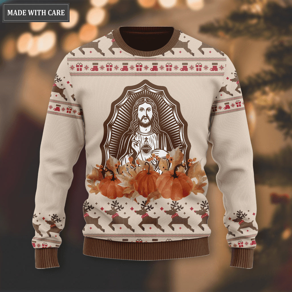 Christ God Pumpkin Maple Flower Wool Knitted Pattern Ugly Sweater