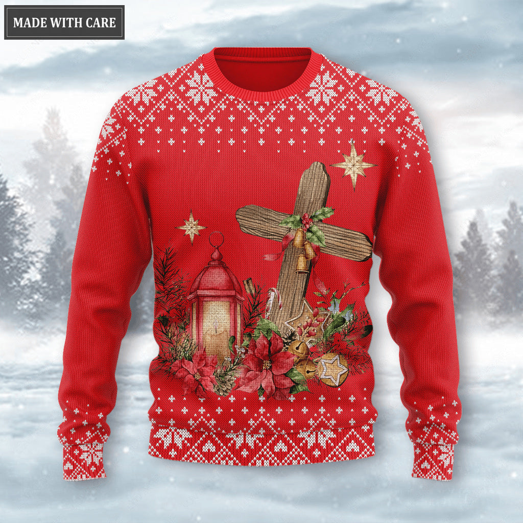 Merry Christmas Floral Cross Wool Knitted Pattern Ugly Sweater