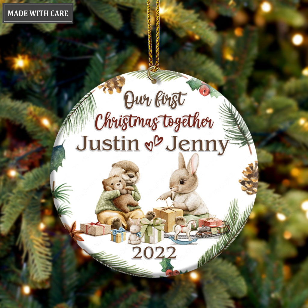 Bunny And Otter Couple Pine Floral Our First Christmas Together Personalized Ornament