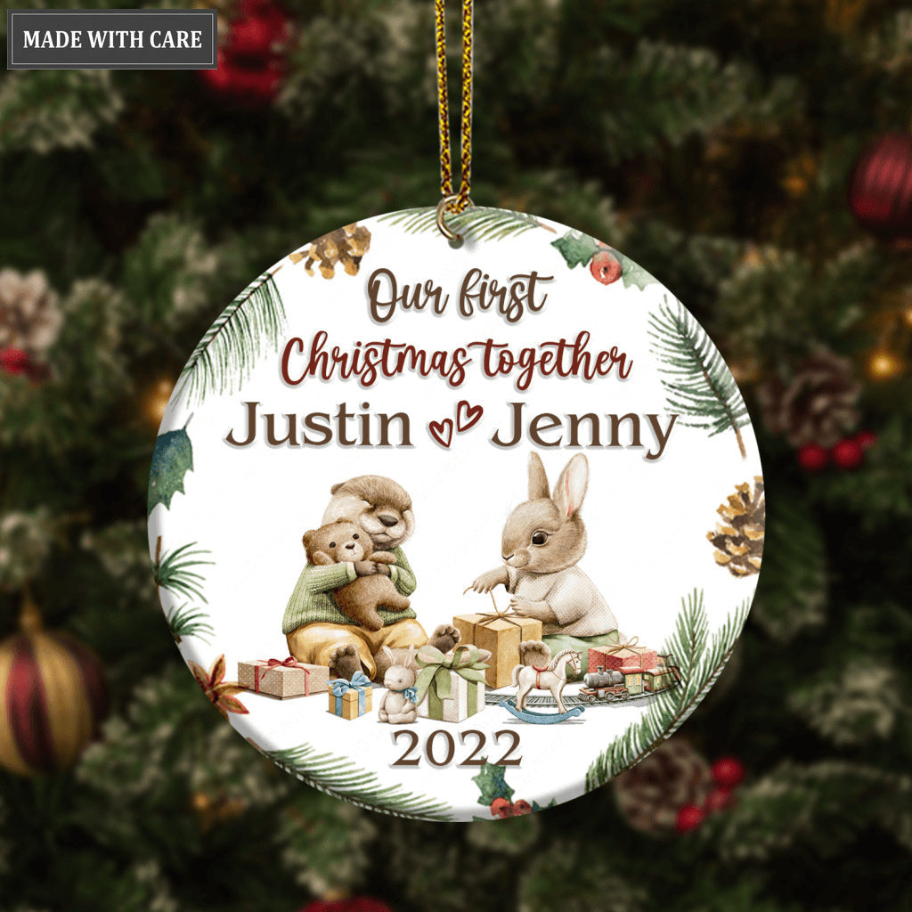 Bunny And Otter Couple Pine Floral Our First Christmas Together Personalized Ornament