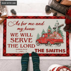 Christmas Red Tartan Truck Pine Cross As For Me And My House Personalized Doormat