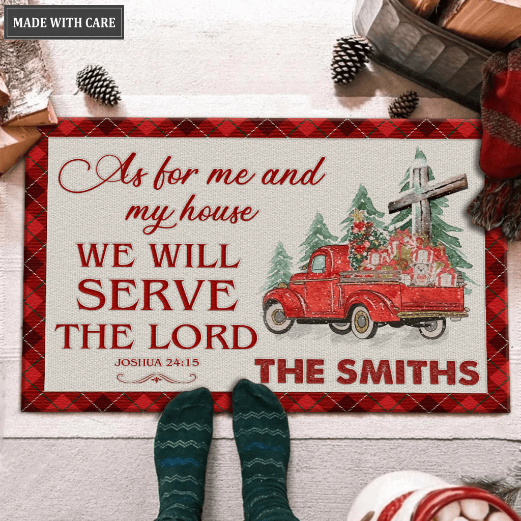 Christmas Red Tartan Truck Pine Cross As For Me And My House Personalized Doormat
