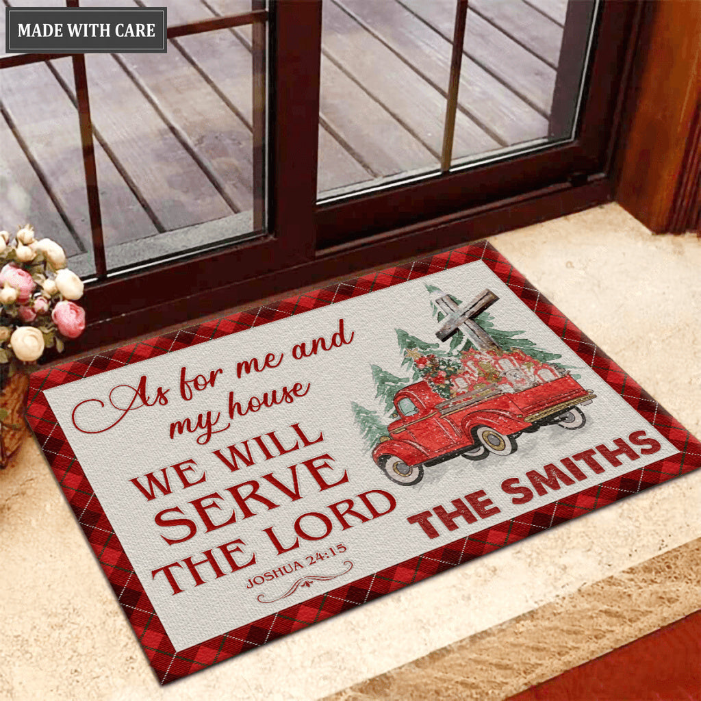 Christmas Red Tartan Truck Pine Cross As For Me And My House Personalized Doormat