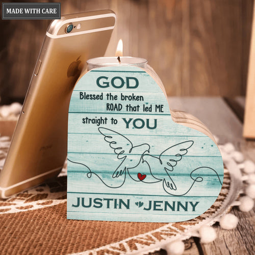 Blue Wood Dove Couple Line Art God Blessed Personalized Candle Holder