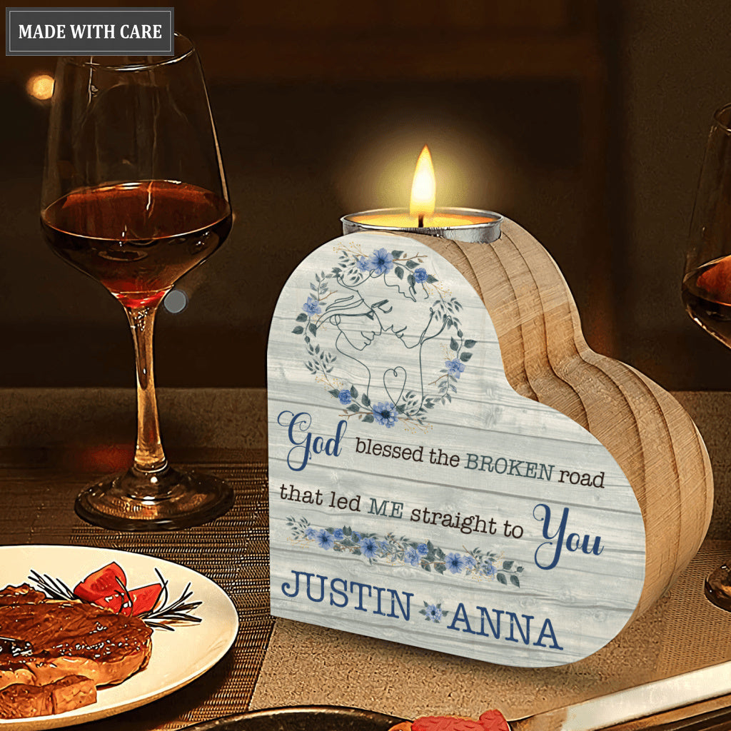 Blue Wood Flower Couple Line Art God Blessed Personalized Candle Holder
