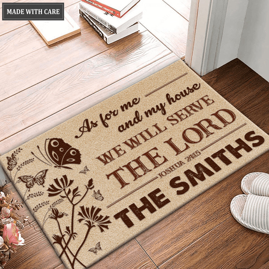 Vintage Floral Butterfly As For Me And My House Collection Family Name Personalized Doormat