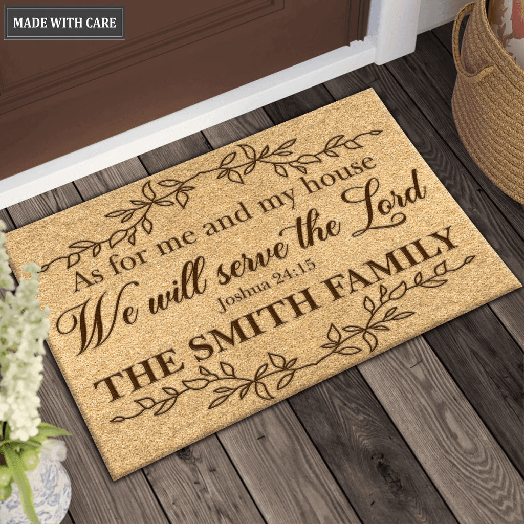 Vintage Leaf Line Art As For Me And My House Collection Family Name Personalized Doormat