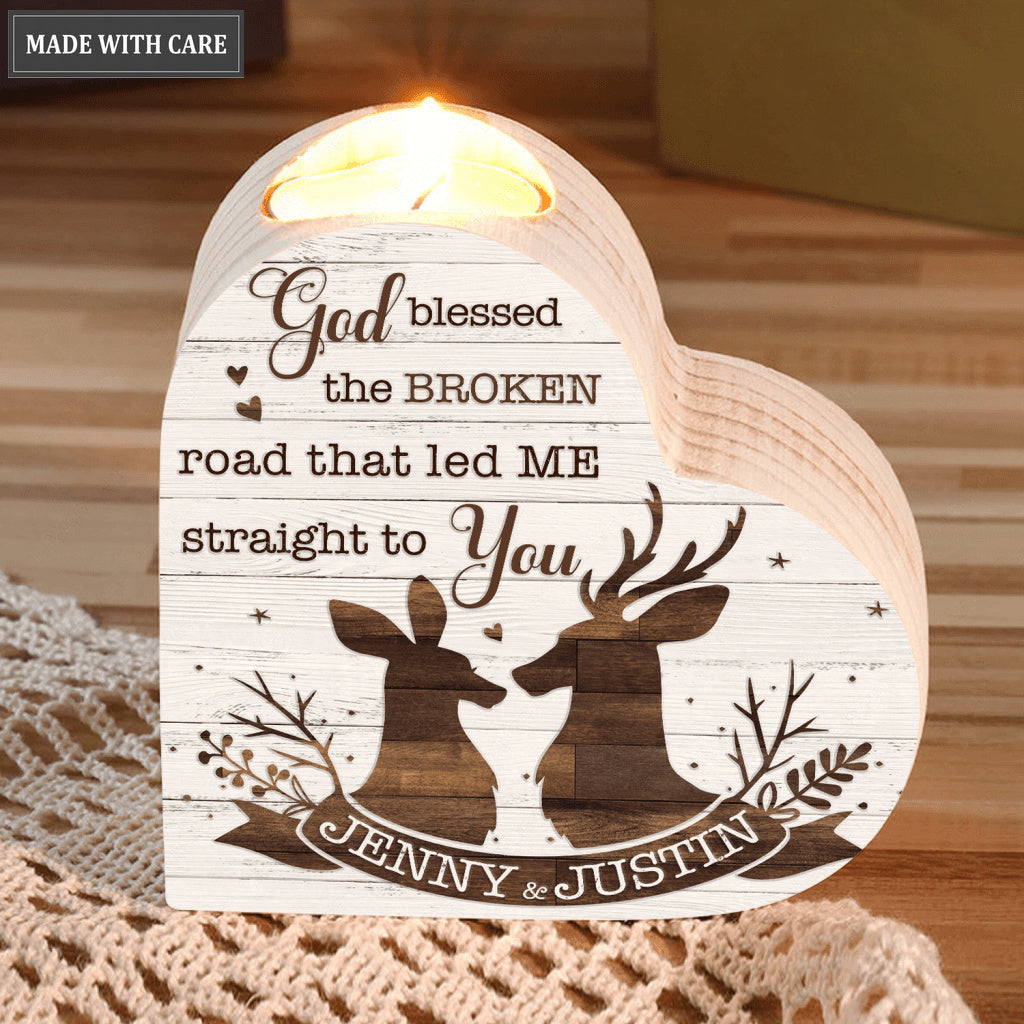 White Wood Floral Deer Couple God Blessed Personalized Candle Holder