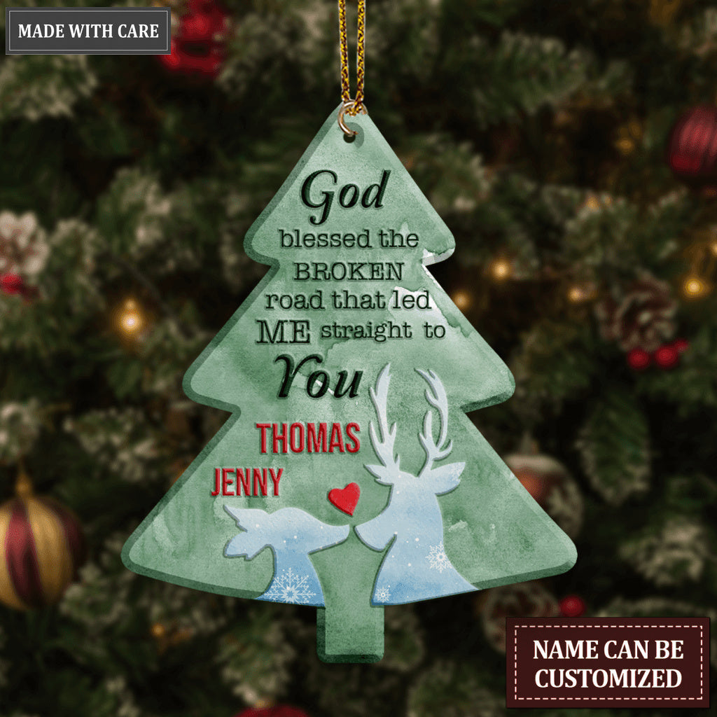 Christmas Green Pine Reindeer Couple God Blessed Personalized Ornament