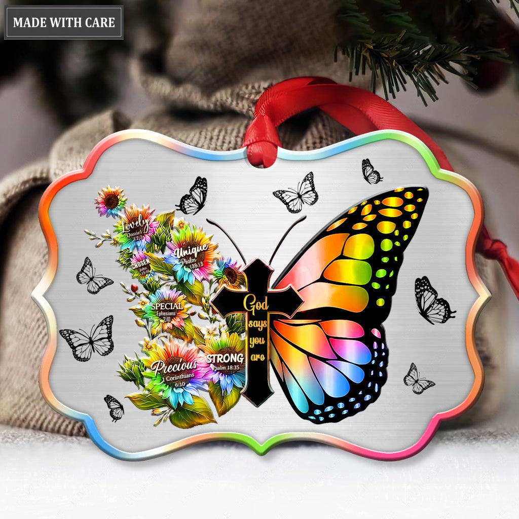 Rainbow Butterfly God Says You Are Aluminum Ornament