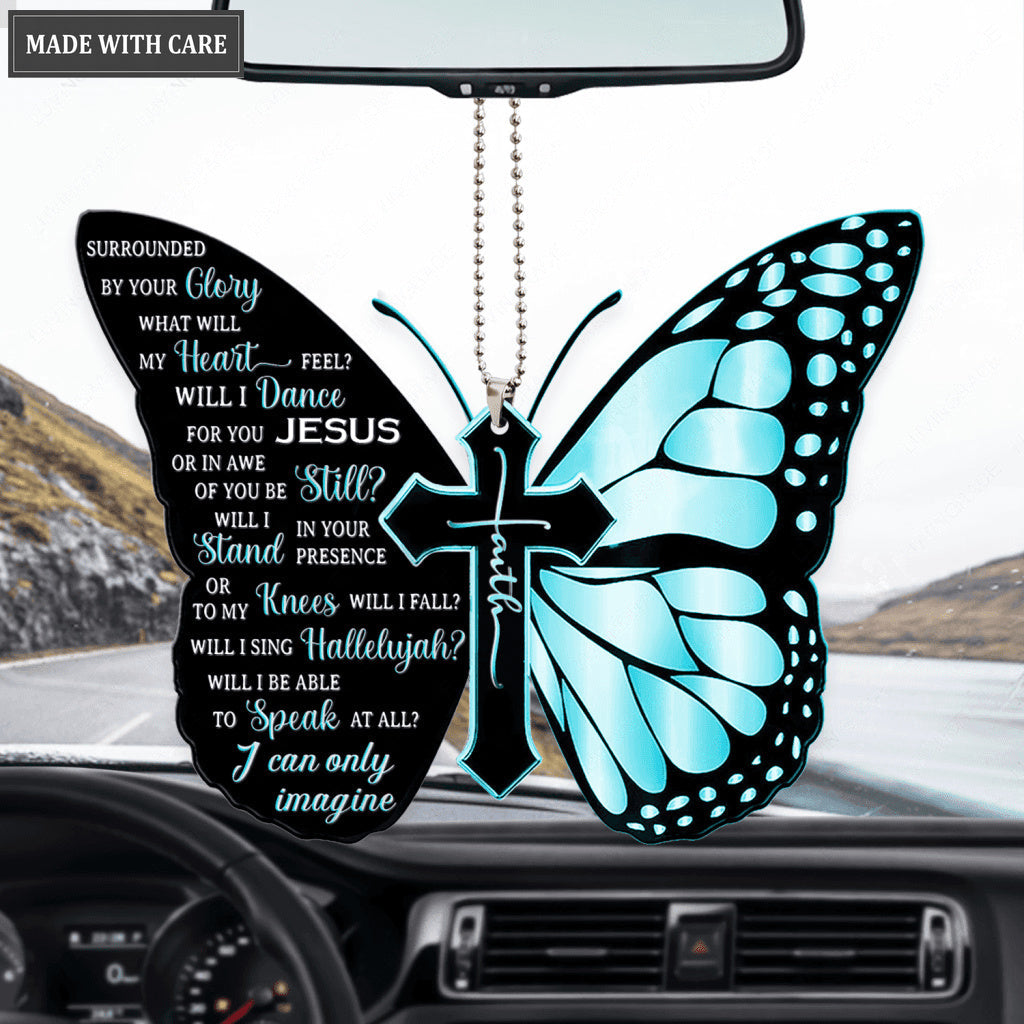 Teal Butterfly Surrounded By The Glory Car Hanging Ornament