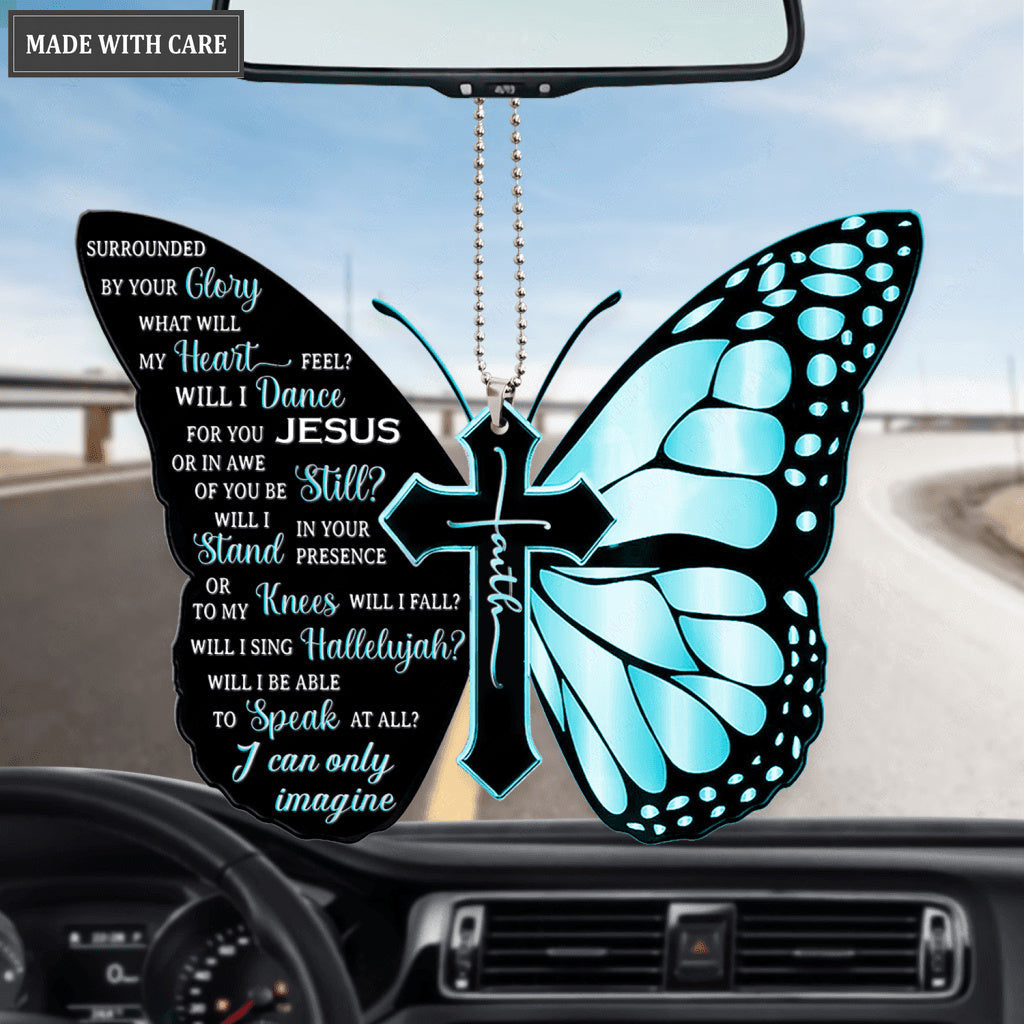 Teal Butterfly Surrounded By The Glory Car Hanging Ornament