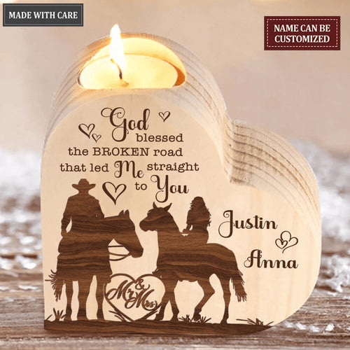 Cowboy And Cowgirl Couple Heart God Blessed Personalized Candle Holder