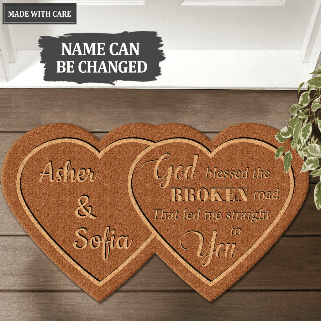 Couple Hearts God Blessed Personalized Shaped Luxurious Doormat