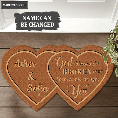 Couple Hearts God Blessed Personalized Shaped Luxurious Doormat