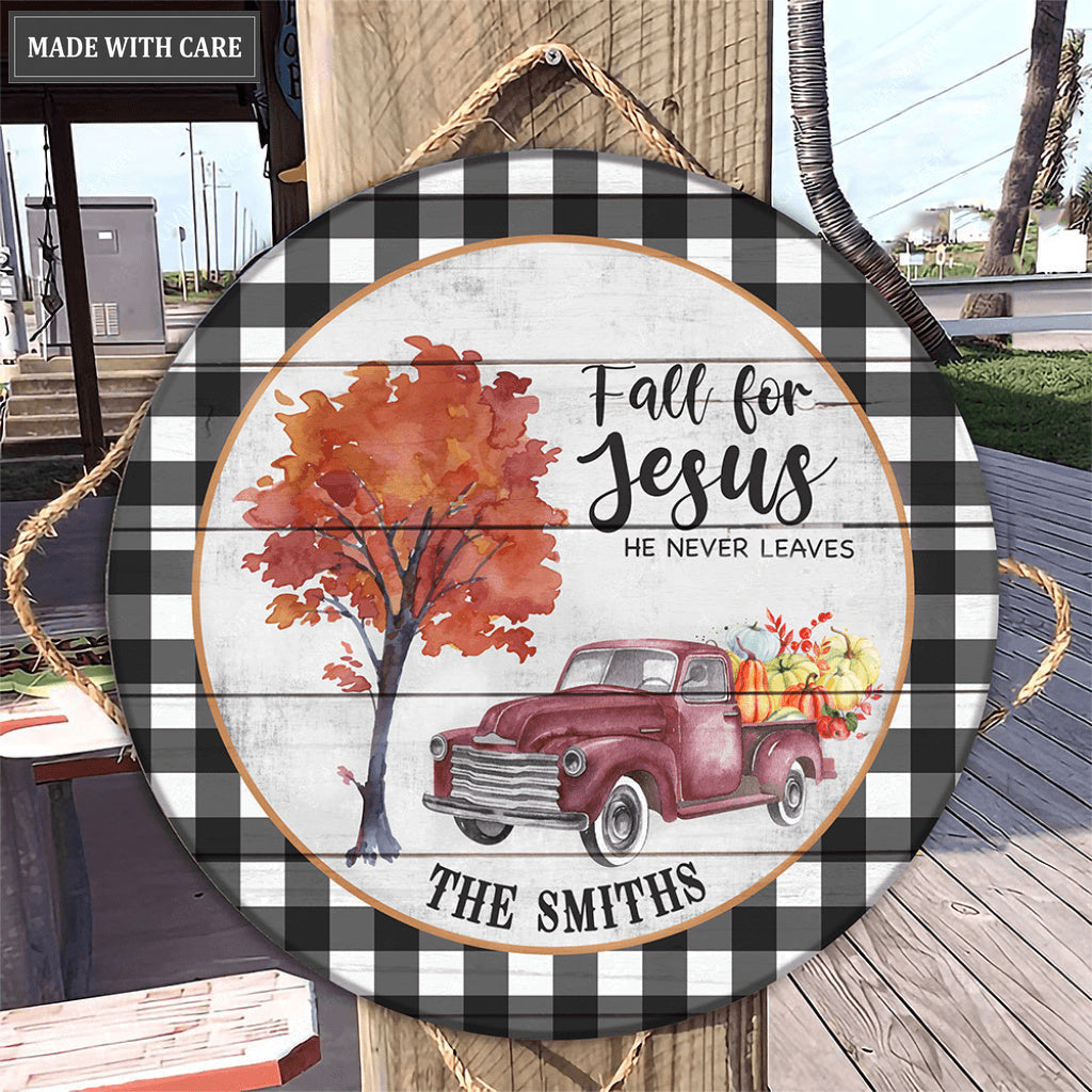 Personalized Checkered Truck Jesus Wood Circle Sign
