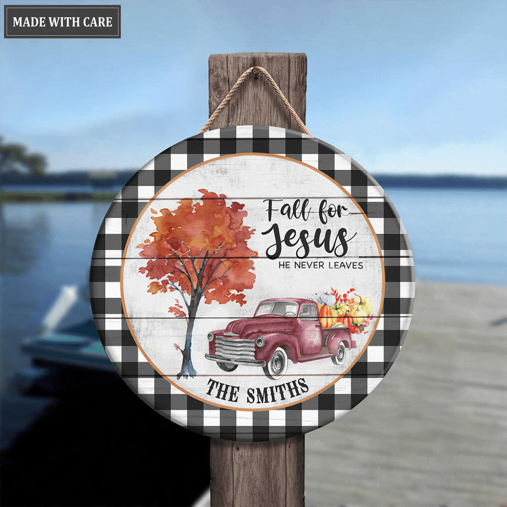 Personalized Checkered Truck Jesus Wood Circle Sign