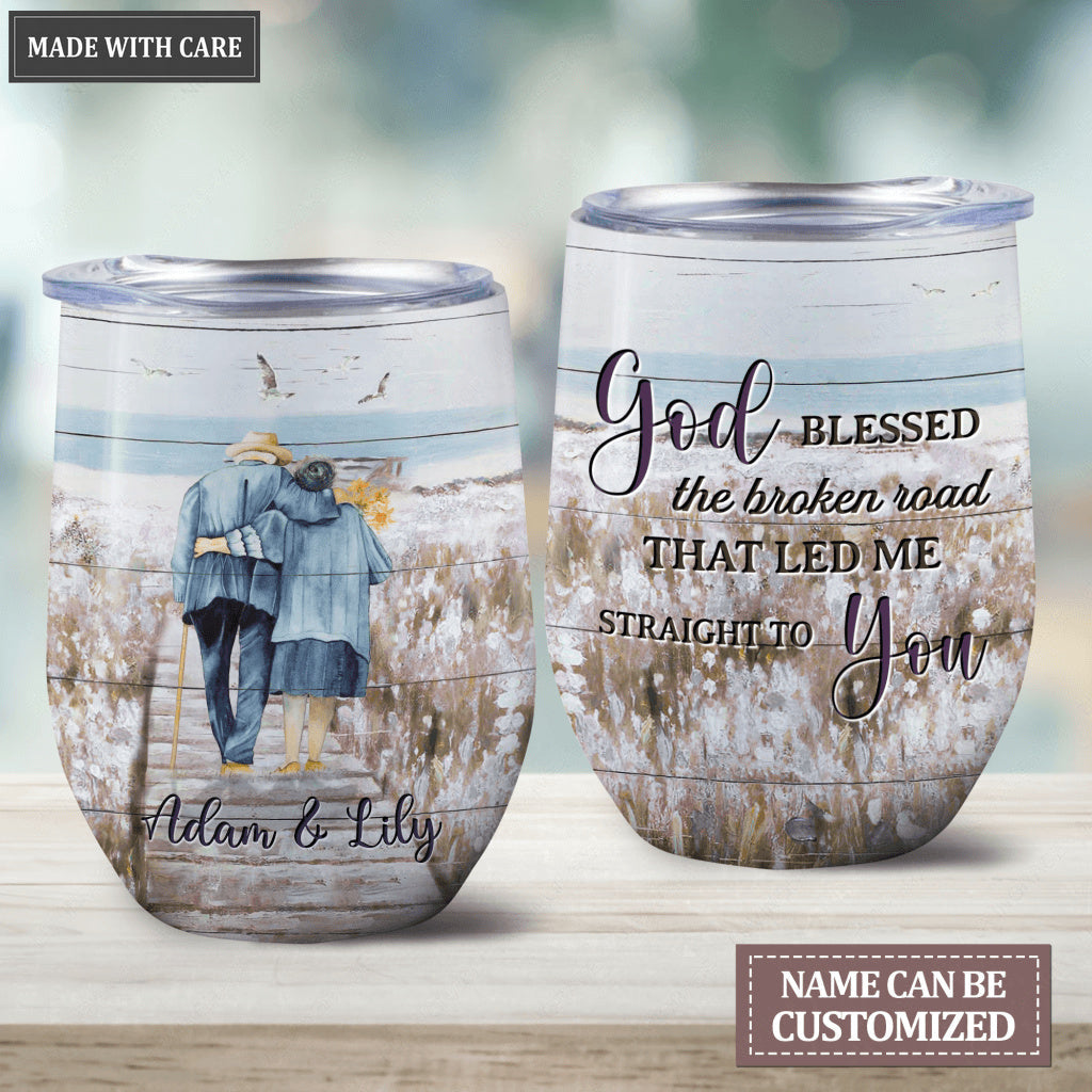 Personalized Flowers Field God Blessed The Broken Road Wine Tumbler