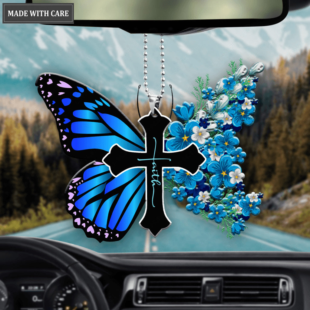Luvingrace L185 Blue Flowers Butterfly Faith Cross Ornament