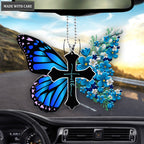 Printfamily L185 Blue Flowers Butterfly Faith Cross Ornament