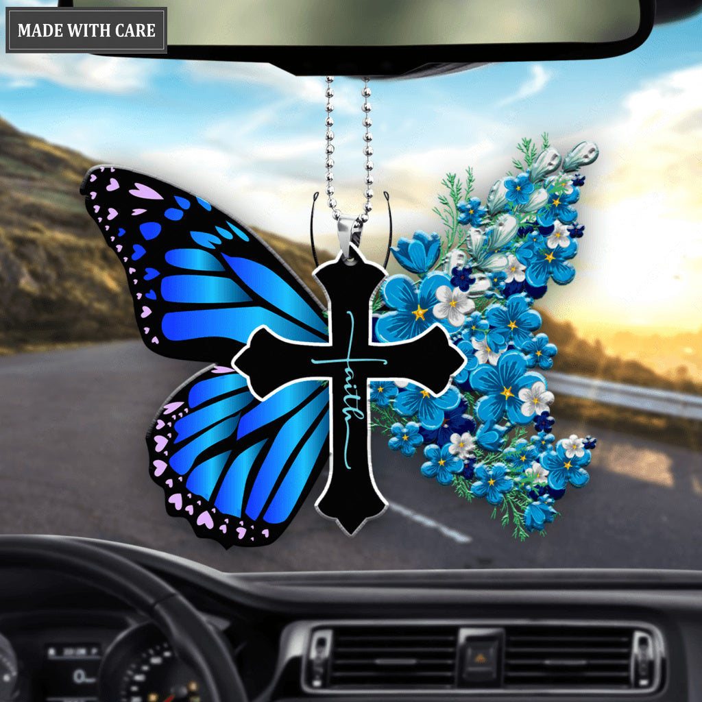 Luvingrace L185 Blue Flowers Butterfly Faith Cross Ornament