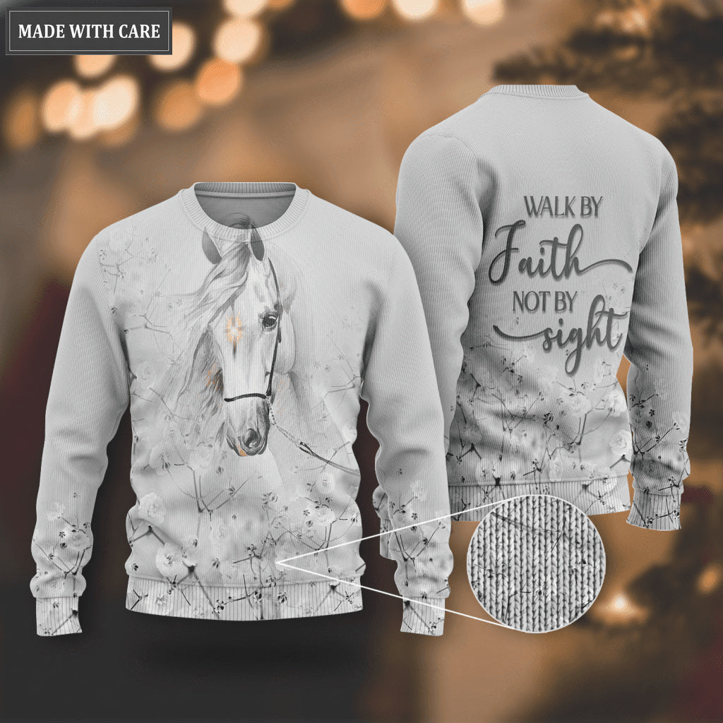 White Flower Cross Horse Walk By Faith Not By Sight Wool Sweatshirt